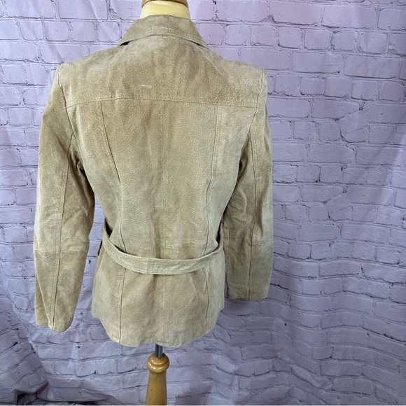 outer edge tan belted suede leather jacket sz medium classic neutral - Picture 3 of 11